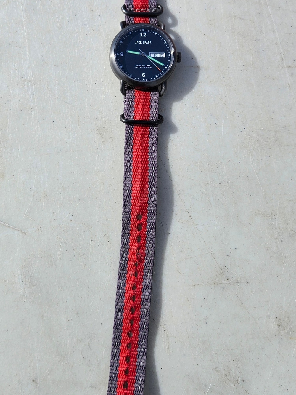 Jack Spade Black Dial Watch with Gray and Red Stripe Nylon Band